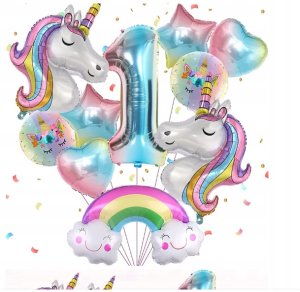 Balony na 1 urodziny JEDNOROŻEC Zestaw 10 Balonów foliowych CYFRA 1 - 70cm 1