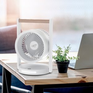 WENTYLATOR BIURKOWY Z DREWNIANĄ RĄCZKĄ, POZIOMY PRĘDKOŚCI, Z LAMPKĄ NOCNĄ, WYŚWIETLACZ, WSKAŹNIK NAŁDAOWANIA , LADOWANIE USB C, 10W, 3600 mAh,6,4" 4