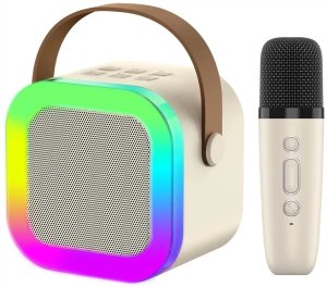 Extralink Kids Mini Karaoke LED Speaker 1x Mic Beżowy | Zestaw do Karaoke | głośnik, 1x mikrofon, Bluetooth, AUX, slot na karty pamięci, oświetlenie RGB 1
