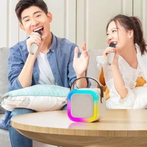 Extralink Kids Mini Karaoke LED Speaker 1x Mic Beżowy | Zestaw do Karaoke | głośnik, 1x mikrofon, Bluetooth, AUX, slot na karty pamięci, oświetlenie RGB 2