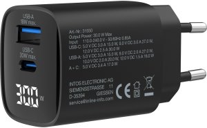 InLine® USB PD Netzteil, GaN Ladegerät, 2-Port, USB-C + USB-A, 30W, mit Display 2