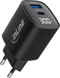 InLine® USB PD Netzteil, GaN Ladegerät, 2-Port, USB-C + USB-A, 30W, mit Display 3