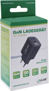 InLine® USB PD Netzteil, GaN Ladegerät, 2-Port, USB-C + USB-A, 30W, mit Display 5
