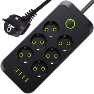 Przedłużacz Listwa zasilająca 6 gniazd gniazdka AC EU 4x USB + USB-C typ C gniazda 2500w Czarny 1