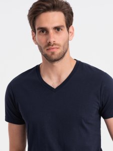 Klasyczna męska bawełniana koszulka z dekoltem w serek BASIC - granatowa V2 OM-TSBS-0145 4XL 1