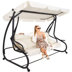 Huśtawka ogrodowa z daszkiem 4-osobowa kremowa UNIWERSALNY 26