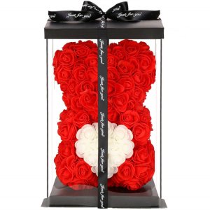 Miś z płatków róż czerwony z białym sercem 25 cm rose bear z opakowaniem UNIWERSALNY 1