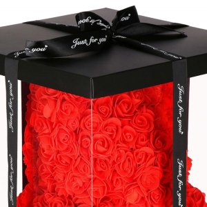 Springos Miś z płatków róż czerwony z białym sercem 25 cm rose bear z opakowaniem UNIWERSALNY 13