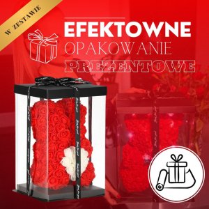 Springos Miś z płatków róż czerwony z białym sercem 25 cm rose bear z opakowaniem UNIWERSALNY 2