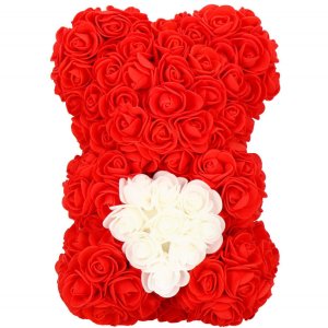 Springos Miś z płatków róż czerwony z białym sercem 25 cm rose bear z opakowaniem UNIWERSALNY 5