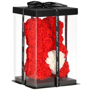 Springos Miś z płatków róż czerwony z białym sercem 25 cm rose bear z opakowaniem UNIWERSALNY 8