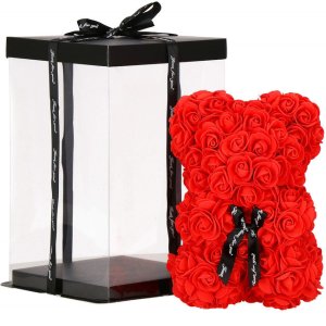 Springos Miś z płatków róż czerwony 25 cm rose bear z kokardką i lampkami LED biały ciepły UNIWERSALNY 11