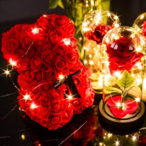 Springos Miś z płatków róż czerwony 25 cm rose bear z kokardką i lampkami LED biały ciepły UNIWERSALNY 16