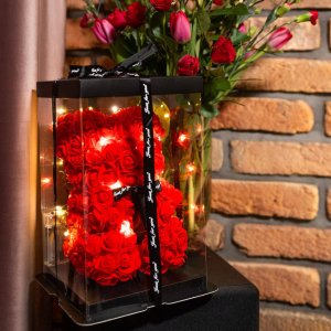 Springos Miś z płatków róż czerwony 25 cm rose bear z kokardką i lampkami LED biały ciepły UNIWERSALNY 17