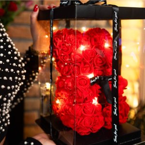 Springos Miś z płatków róż czerwony 25 cm rose bear z kokardką i lampkami LED biały ciepły UNIWERSALNY 21