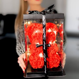 Springos Miś z płatków róż czerwony 25 cm rose bear z kokardką i lampkami LED biały ciepły UNIWERSALNY 22
