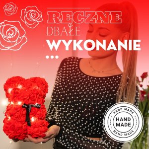 Springos Miś z płatków róż czerwony 25 cm rose bear z kokardką i lampkami LED biały ciepły UNIWERSALNY 3