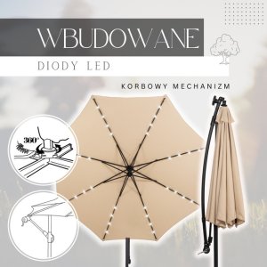 Springos Parasol ogrodowy z oświetleniem led na wysięgniku 300 cm składany na balkon, taras ecru UNIWERSALNY 4