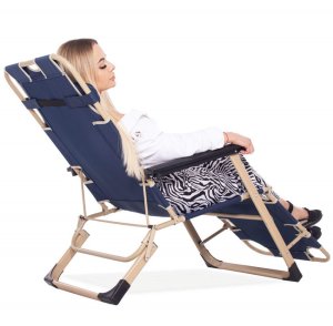 Leżak plażowy składany z podnóżkiem, fotel ogrodowy z poduszką granatowy UNIWERSALNY 8