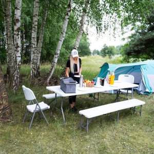 Ławka składana cateringowa 180 x 30 x 43 cm turystyczna biwak biało-szara UNIWERSALNY 6