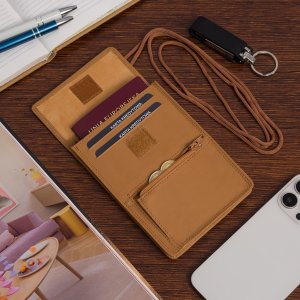 ETUI saszetka PASZPORTÓWKA na szyję dokumenty skórzana podróżna jasny brąz Beltimore D78 2