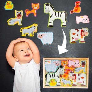 Puzzle Drewniana Układanka Farma Zoo Zwierzęta Montessori Plansza Klocki 12