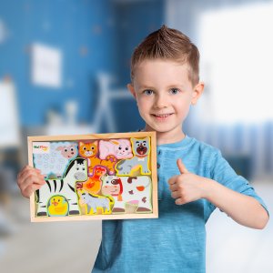 Puzzle Drewniana Układanka Farma Zoo Zwierzęta Montessori Plansza Klocki 13