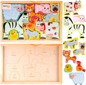 Puzzle Drewniana Układanka Farma Zoo Zwierzęta Montessori Plansza Klocki 3