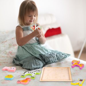 Puzzle Drewniana Układanka Farma Zoo Zwierzęta Montessori Plansza Klocki 6