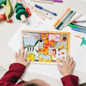 Puzzle Drewniana Układanka Farma Zoo Zwierzęta Montessori Plansza Klocki 7