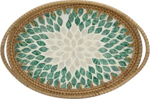 DKD Home Decor Taca dekoracyjna rattanowa 35,5x26x4cm turkusowa owalna 2