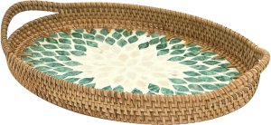 DKD Home Decor Taca dekoracyjna rattanowa 35,5x26x4cm turkusowa owalna 4