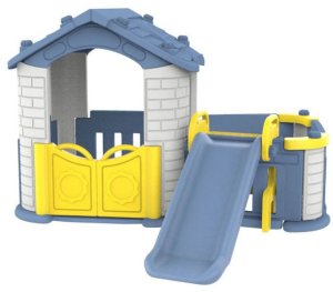 Duży Domek ogrodowy 5w1 dla dzieci + Zjeżdżalnia + Koszykówka + Ogródek + Stolik + 2 Krzesełka Niebieski Dach EDUKAMP 1