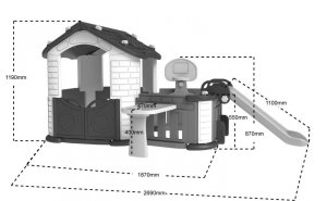Ramiz Duży Domek ogrodowy 5w1 dla dzieci + Zjeżdżalnia + Koszykówka + Ogródek + Stolik + 2 Krzesełka Niebieski Dach 4