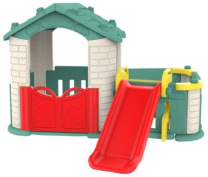 Duży Domek ogrodowy 5w1 dla dzieci + Zjeżdżalnia + Koszykówka + Ogródek + Stolik + 2 Krzesełka Zielony Dach EDUKAMP 1