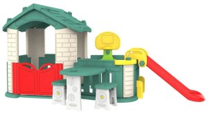 Ramiz Duży Domek ogrodowy 5w1 dla dzieci + Zjeżdżalnia + Koszykówka + Ogródek + Stolik + 2 Krzesełka Zielony Dach 2