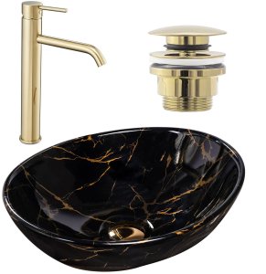 Zestaw Sofia black marble + bateria wysoka Lungo gold + korek uniwersalny złoty 1