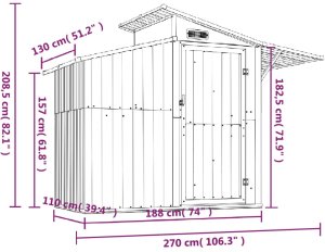 vidaXL Szopa ogrodowa, brązowa, 270x130x208,5 cm, stal galwanizowana 7