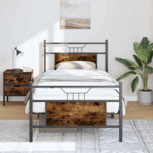 Bed Frame Smoked oak Engineered wood, Steel Twin Bed Frame 1