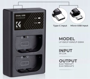 Ładowarka do aparatu Kf Podwójna Ładowarka Usb Do Lp-e6 N Nh Canon Eos R5 R6 R 5d 90d 6d 7d 80d K&f / Kf28.0007 7