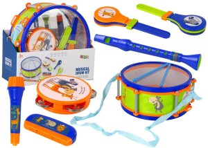 Instrumenty Muzyczne Zestaw Bęben Tamburyn Flet Kołatka Harmonijka Zwierzęta 1