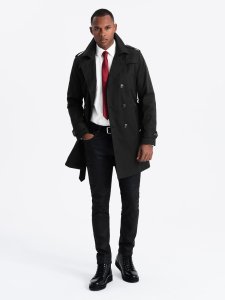 Elegancki płaszcz męski trencz SLIM FIT z paskiem  czarny V2 OM-COSC-0126 XL 3