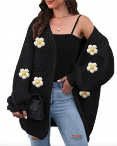Modny sweter damski kardigan czarny black w kwiaty 3D uniwersalny 1