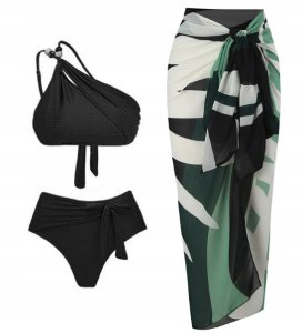 Stylowy zestaw kąpielowy bikini z wysokim stanem i chustą zielony M 1