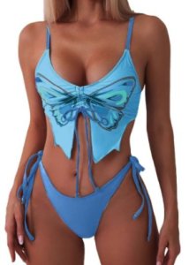Dwuczęściowy strój kąpielowy błękitny z motywem motyla sznurowane bikini M 1