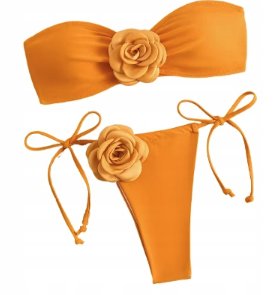 Strój kąpielowy dwuczęściowy z ozdobnymi kwiatami bandeau Orange M 1