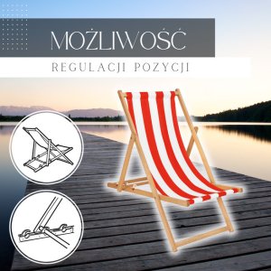Leżak drewniany ogrodowy z 3-stopniową regulacją składany plażowy pasy biało-czerwone UNIWERSALNY 2