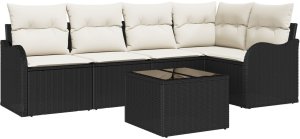 Zestaw 5-częściowy sofa ogrodowa z poduszkami brązowy technorattan, Sofa ogrodowa dwuosobowa z poduszkami czarny technorattan 2