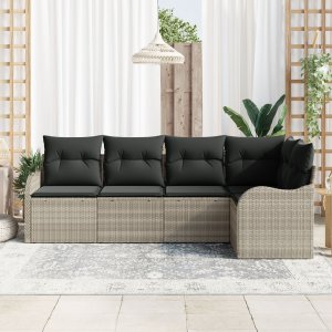 vidaXL vidaXL 5-elementowy zestaw sofy ogrodowej z poduszkami jasnoszary rattan, vidaXL Sofa ogrodowa 2-osobowa z poduszkami jasnoszary rattan 3
