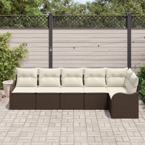 vidaXL Zestaw sofy ogrodowej 6 sztuk z poduszkami brązowy rattan PE, 2-osobowa sofa ogrodowa z poduszkami brązowa rattan PE (3345718) 3